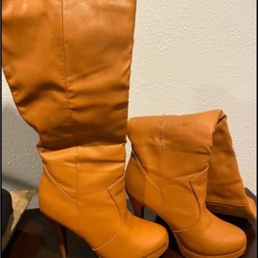 Faux leather knee high platform heeled boots